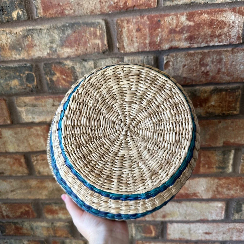 Handwoven Round Seagrass Basket with Lid Blue Green Neutral Striped Boho Storage